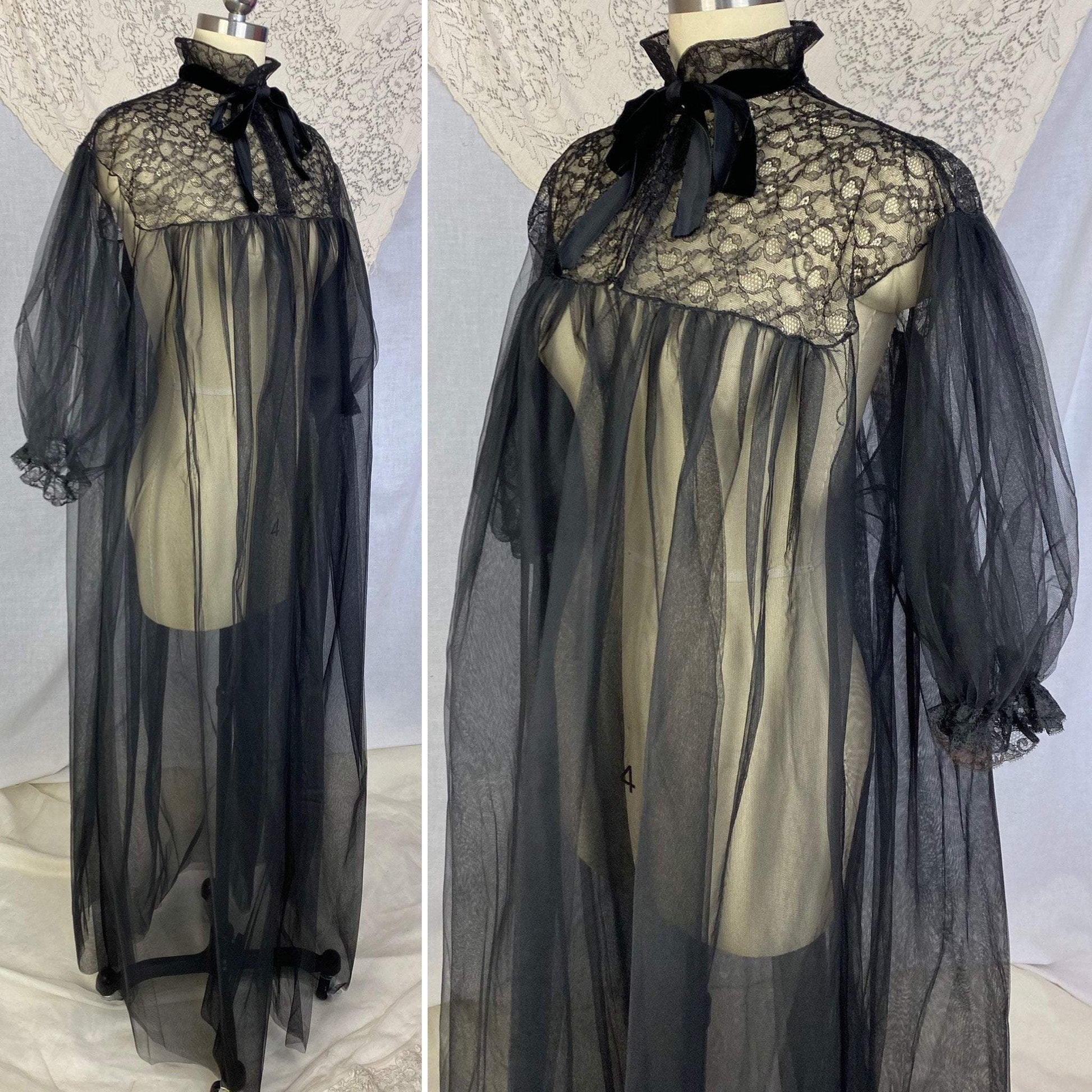 Vintage 1950's Peignoir | Black Tulle with Chantilly Lace & Puffed Sleeves | Size Free | Eye-Ful by Flaums - Daggers & Dames
