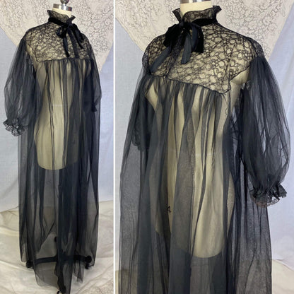 Vintage 1950's Peignoir | Black Tulle with Chantilly Lace & Puffed Sleeves | Size Free | Eye-Ful by Flaums - Daggers & Dames