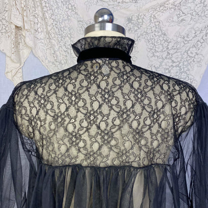 Vintage 1950's Peignoir | Black Tulle with Chantilly Lace & Puffed Sleeves | Size Free | Eye-Ful by Flaums - Daggers & Dames