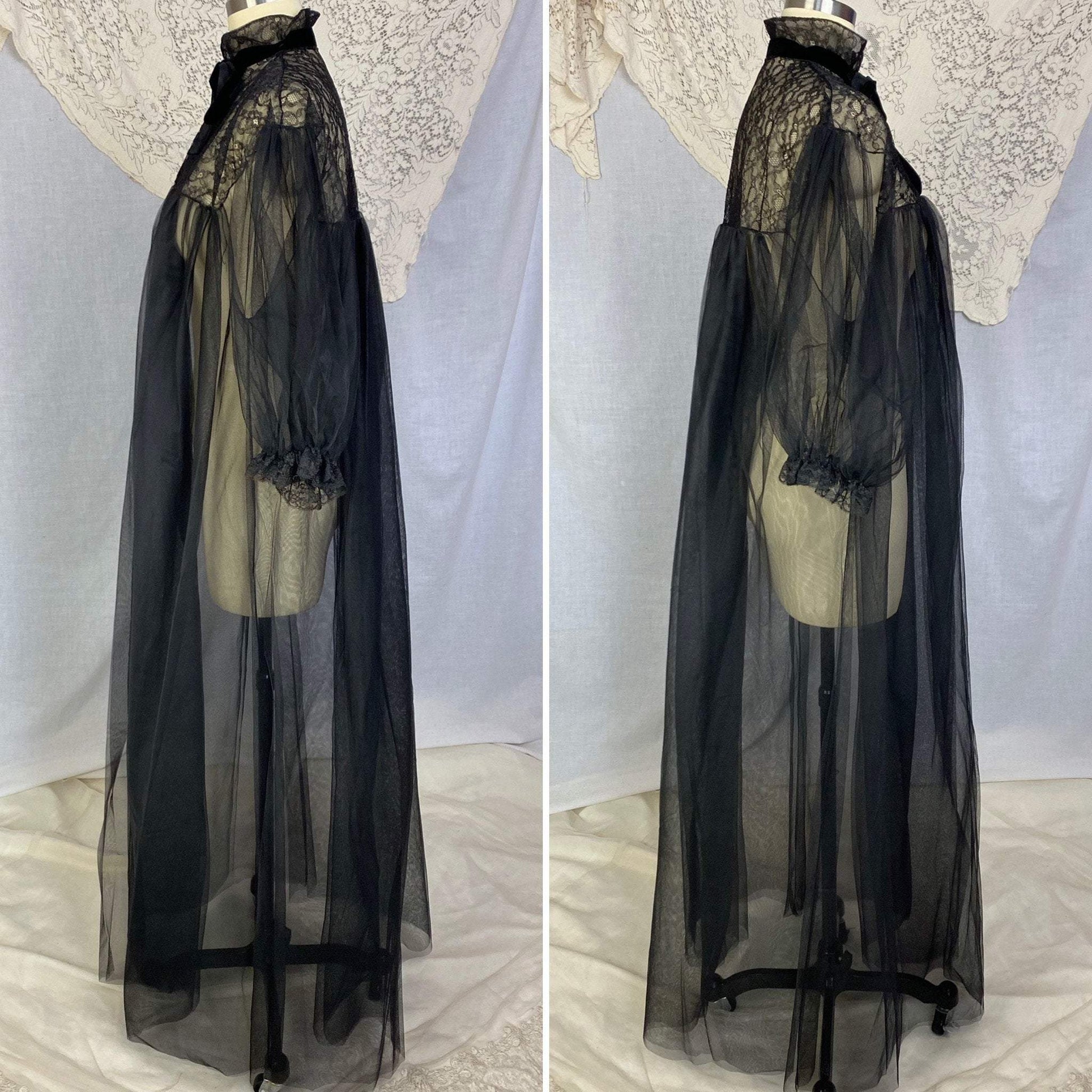 Vintage 1950's Peignoir | Black Tulle with Chantilly Lace & Puffed Sleeves | Size Free | Eye-Ful by Flaums - Daggers & Dames