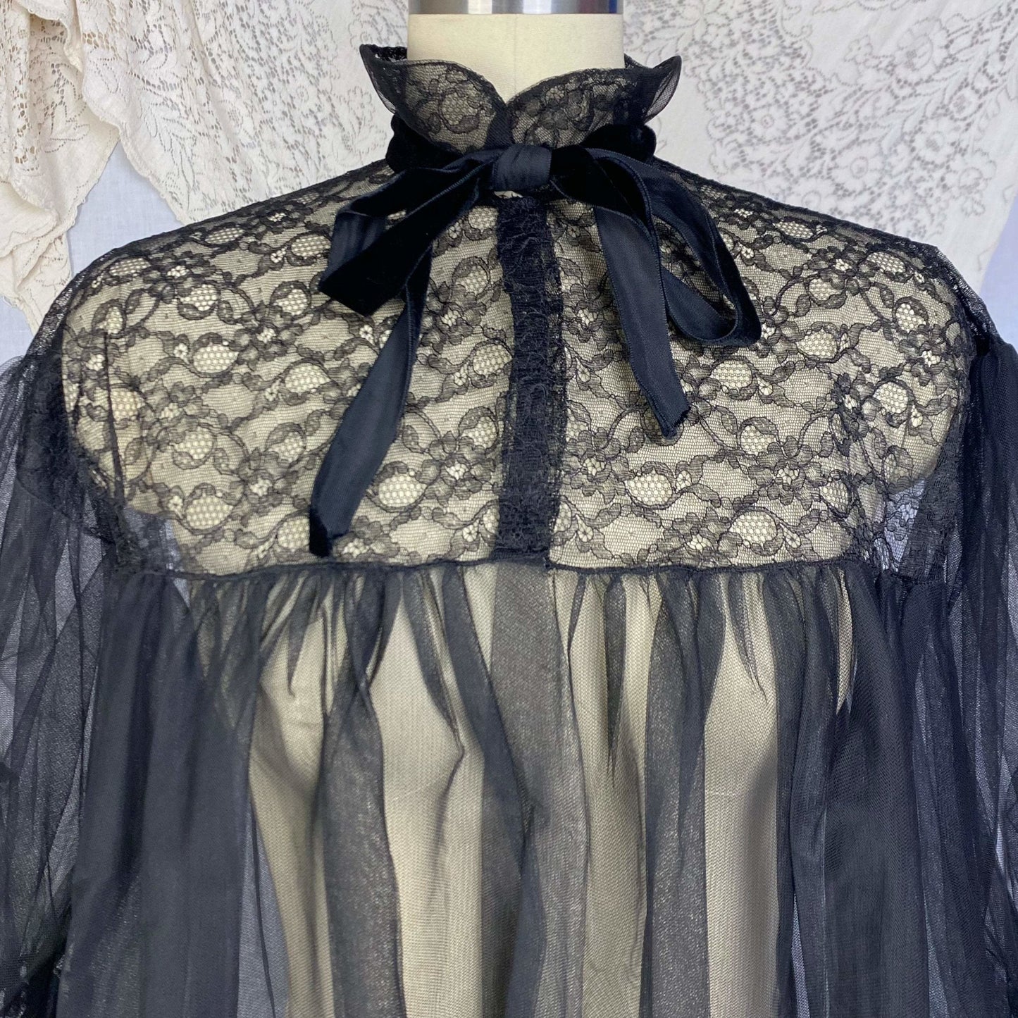 Vintage 1950's Peignoir | Black Tulle with Chantilly Lace & Puffed Sleeves | Size Free | Eye-Ful by Flaums - Daggers & Dames