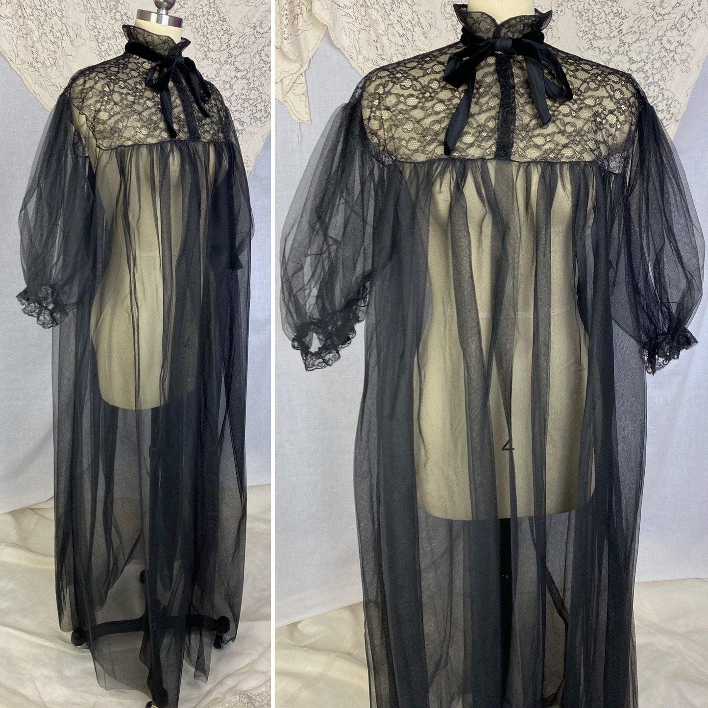 Vintage 1950's Peignoir | Black Tulle with Chantilly Lace & Puffed Sleeves | Size Free | Eye-Ful by Flaums - Daggers & Dames