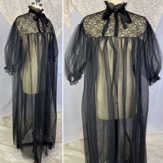 Vintage 1950's Peignoir | Black Tulle with Chantilly Lace & Puffed Sleeves | Size Free | Eye-Ful by Flaums - Daggers & Dames