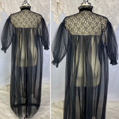 Vintage 1950's Peignoir | Black Tulle with Chantilly Lace & Puffed Sleeves | Size Free | Eye-Ful by Flaums - Daggers & Dames