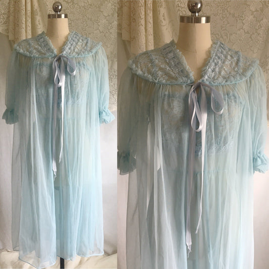 Vintage 1950's Peignoir Set | Light Baby Blue Sheer Nylon Chiffon with Lace | GMc | Size S, M - Daggers & Dames