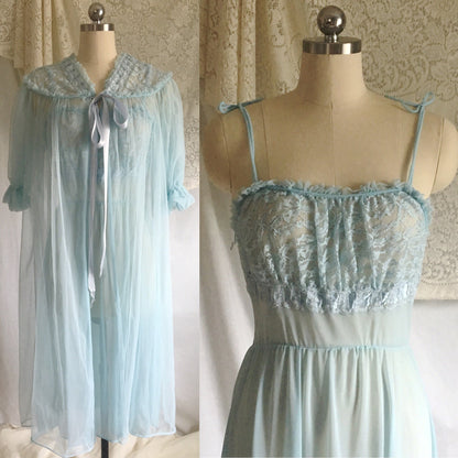 Vintage 1950's Peignoir Set | Light Baby Blue Sheer Nylon Chiffon with Lace | GMc | Size S, M - Daggers & Dames