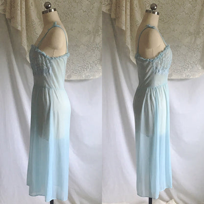 Vintage 1950's Peignoir Set | Light Baby Blue Sheer Nylon Chiffon with Lace | GMc | Size S, M - Daggers & Dames