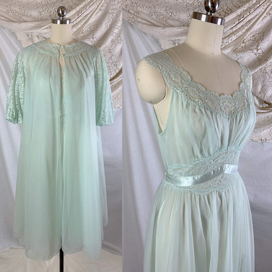 Vintage 1950's Peignoir Set | Pale Sea Foam Green Nylon Chiffon with Floral Lace & Satin Ribbon Waist | Vanity Fair | Size XS - Daggers & Dames