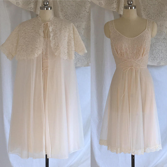 Vintage 1950's Peignoir Set | Pink Chiffon with Lace | Babydoll Lingerie Set | Bridal Lingerie | Vanity Fair | Size S - Daggers & Dames