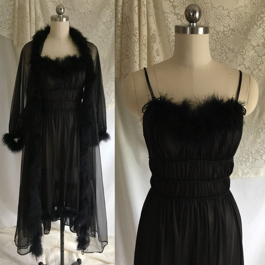 Vintage 1950's Peignoir Set | Sheer Black Nylon Chiffon with Marabou Feathers | Nightgown and Robe | Size XS - Daggers & Dames