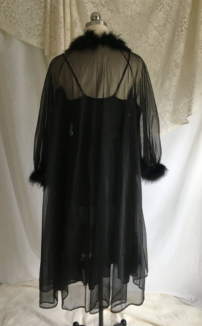 Vintage 1950's Peignoir Set | Sheer Black Nylon Chiffon with Marabou Feathers | Nightgown and Robe | Size XS - Daggers & Dames