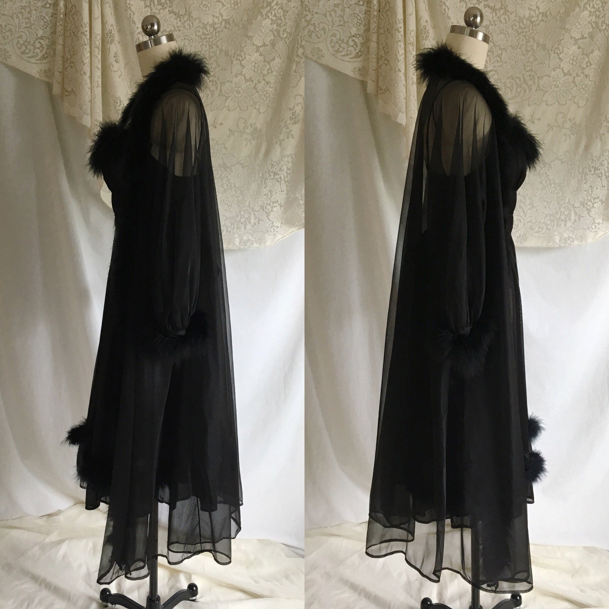 Vintage 1950's Peignoir Set | Sheer Black Nylon Chiffon with Marabou Feathers | Nightgown and Robe | Size XS - Daggers & Dames