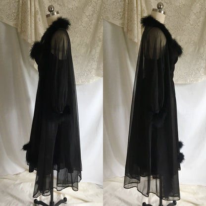 Vintage 1950's Peignoir Set | Sheer Black Nylon Chiffon with Marabou Feathers | Nightgown and Robe | Size XS - Daggers & Dames