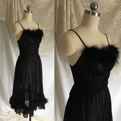 Vintage 1950's Peignoir Set | Sheer Black Nylon Chiffon with Marabou Feathers | Nightgown and Robe | Size XS - Daggers & Dames