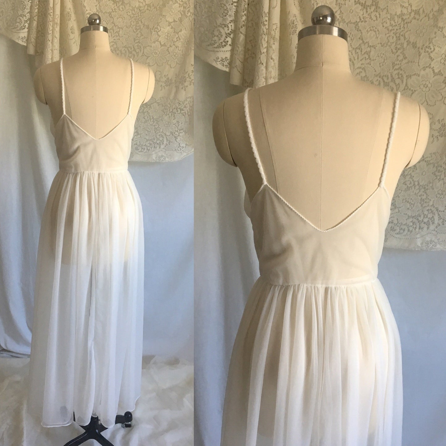 Vintage 1950's Peignoir Set | White Chiffon Nightgown & Capelet with Rhinestones | Bridal Lingerie | Size S, M - Daggers & Dames