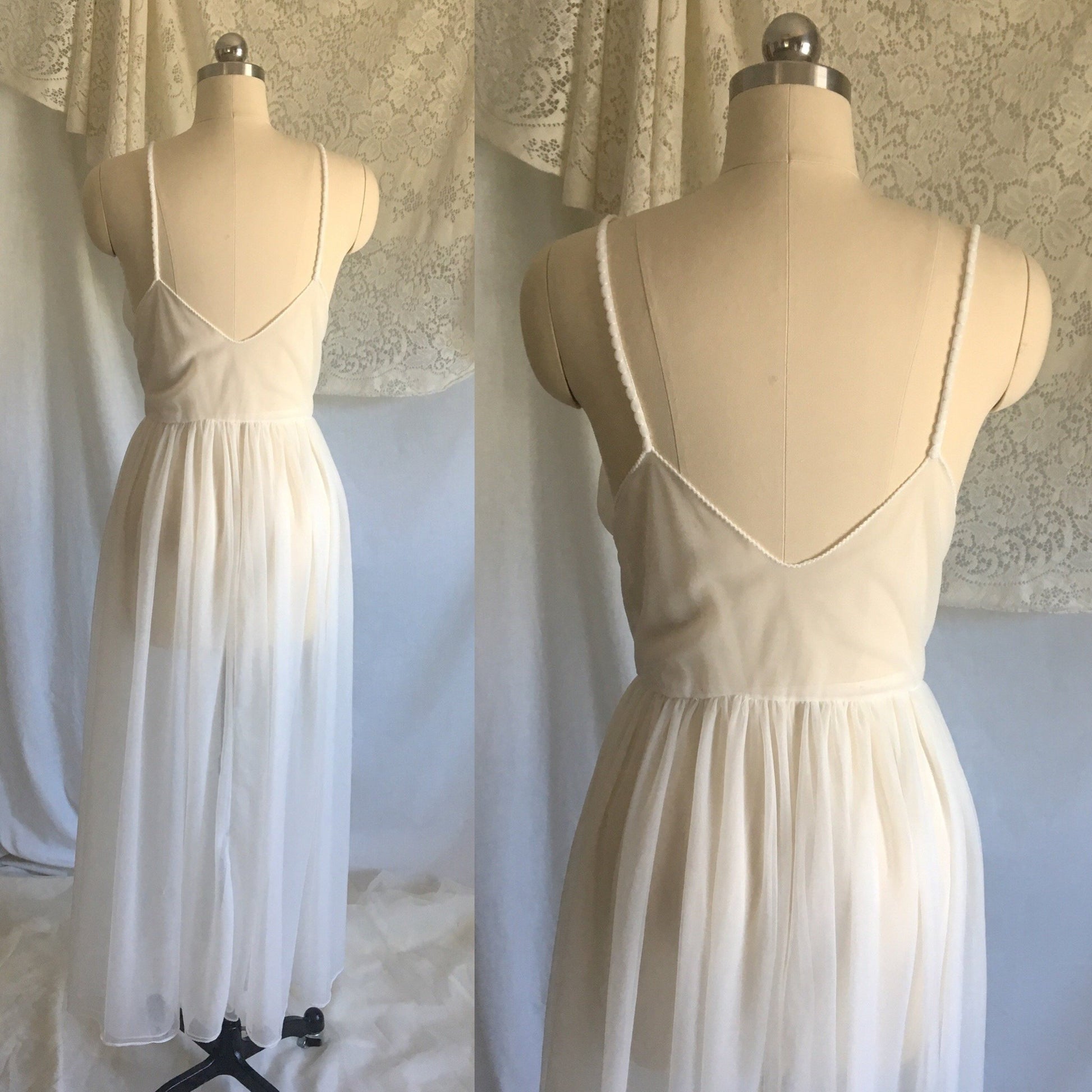 Vintage 1950's Peignoir Set | White Chiffon Nightgown & Capelet with Rhinestones | Bridal Lingerie | Size S, M - Daggers & Dames