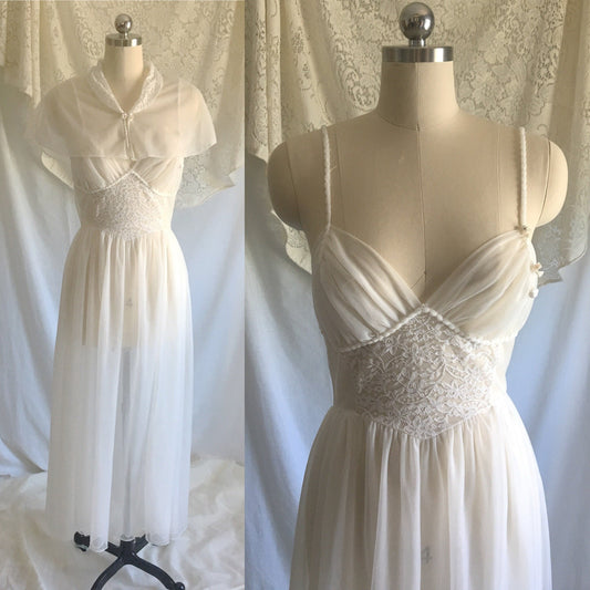 Vintage 1950's Peignoir Set | White Chiffon Nightgown & Capelet with Rhinestones | Bridal Lingerie | Size S, M - Daggers & Dames