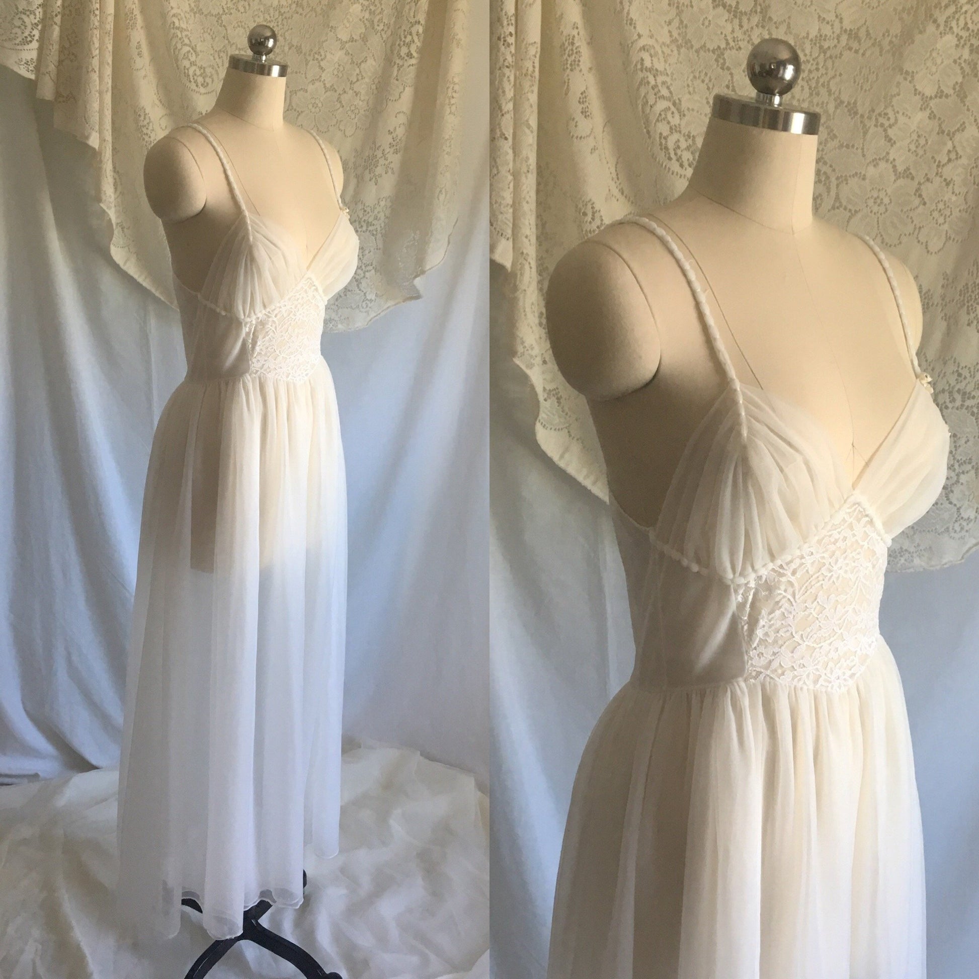 Vintage 1950's Peignoir Set | White Chiffon Nightgown & Capelet with Rhinestones | Bridal Lingerie | Size S, M - Daggers & Dames