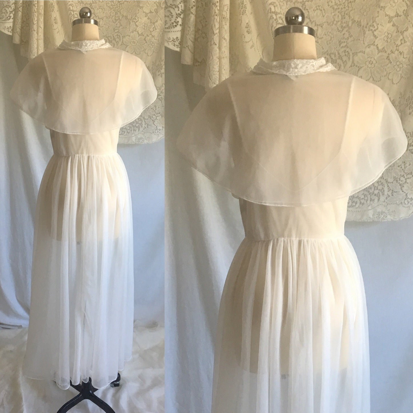 Vintage 1950's Peignoir Set | White Chiffon Nightgown & Capelet with Rhinestones | Bridal Lingerie | Size S, M - Daggers & Dames