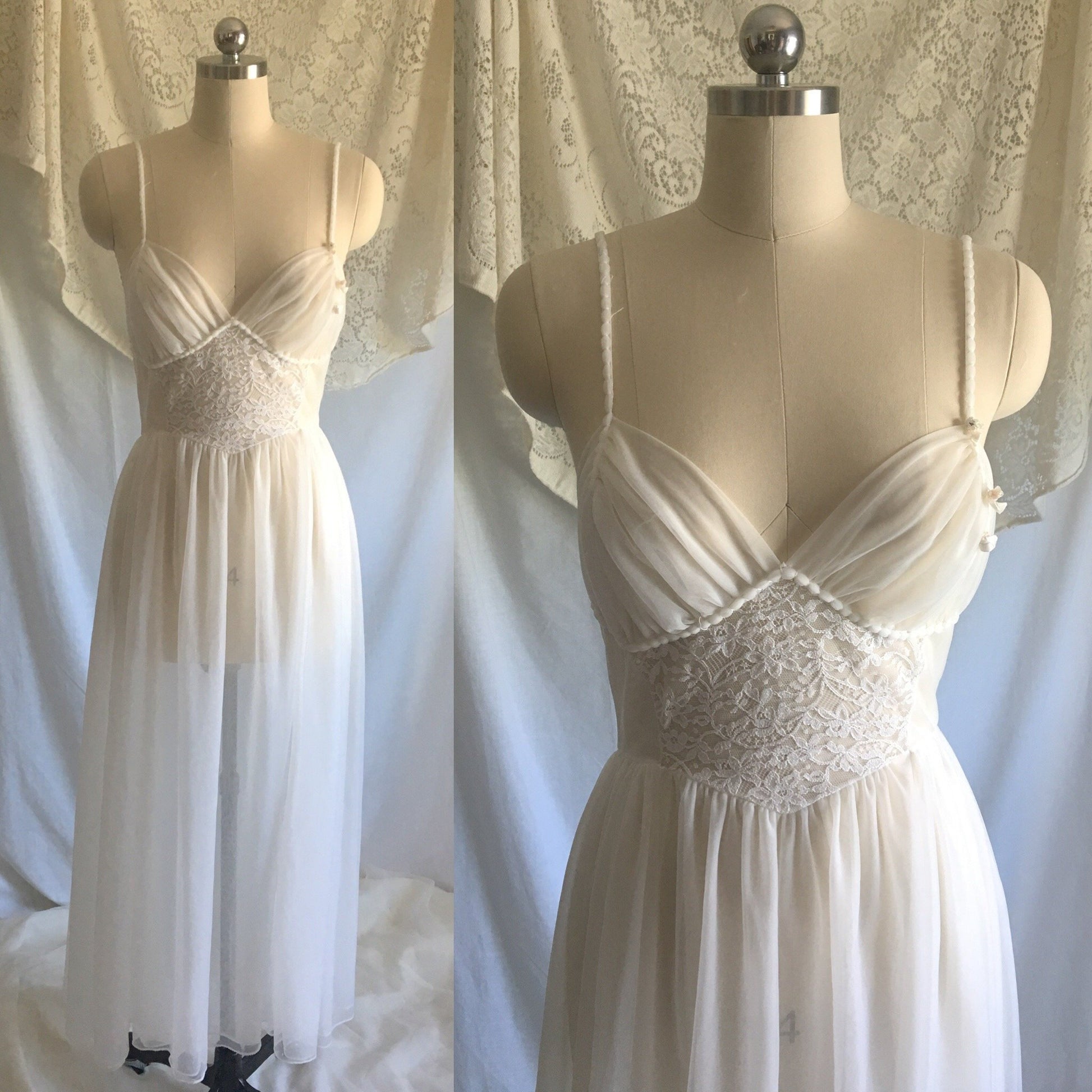 Vintage 1950's Peignoir Set | White Chiffon Nightgown & Capelet with Rhinestones | Bridal Lingerie | Size S, M - Daggers & Dames