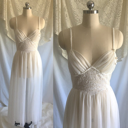Vintage 1950's Peignoir Set | White Chiffon Nightgown & Capelet with Rhinestones | Bridal Lingerie | Size S, M - Daggers & Dames