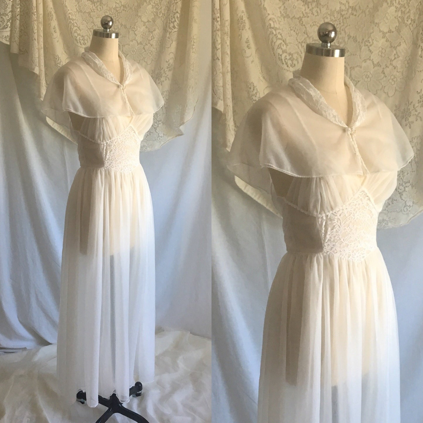 Vintage 1950's Peignoir Set | White Chiffon Nightgown & Capelet with Rhinestones | Bridal Lingerie | Size S, M - Daggers & Dames