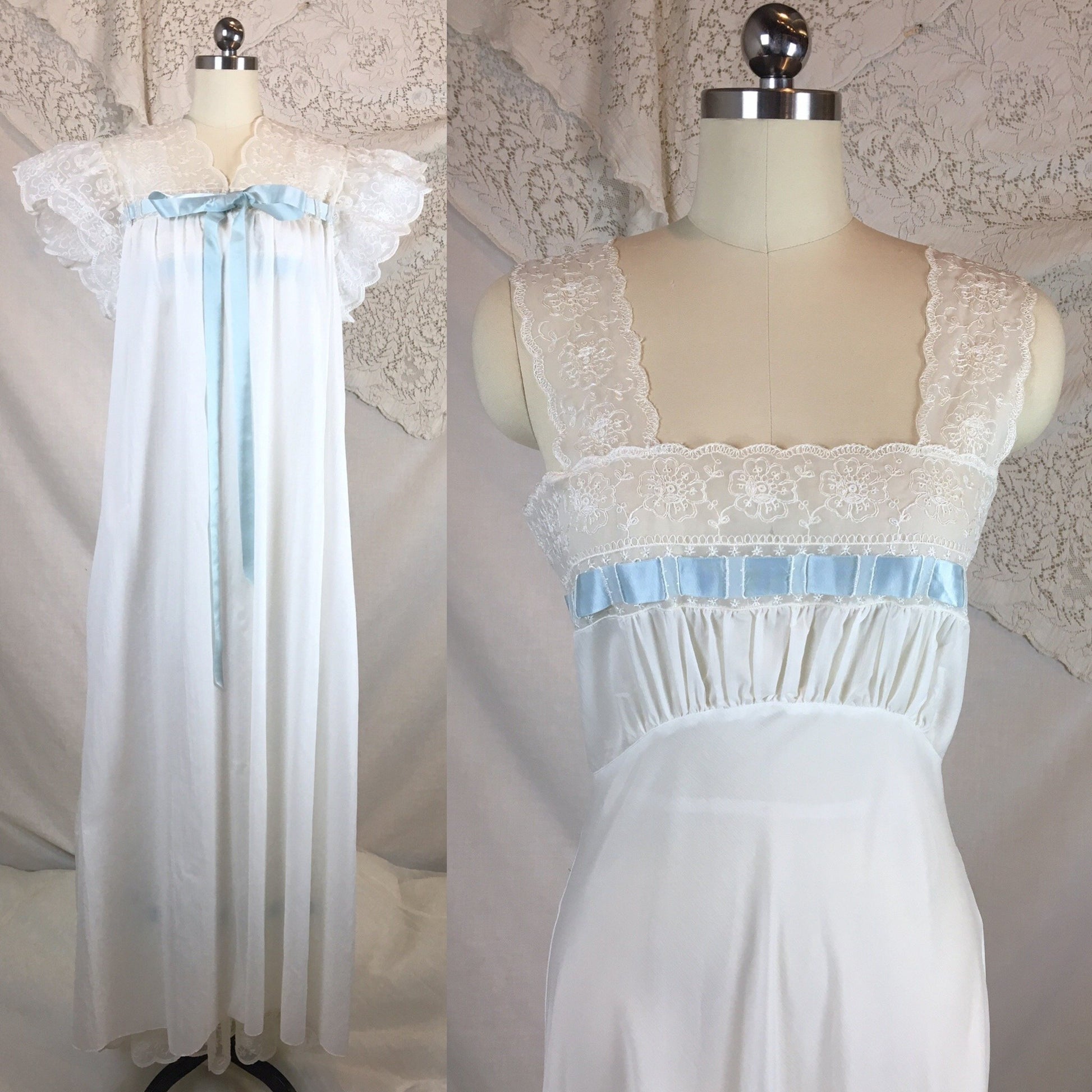 Vintage 1950's Peignoir Set | White Crisp Nylon with Sheer Embroidered Chiffon & Blue Ribbon | Chevette | Size S - Daggers & Dames
