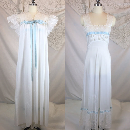 Vintage 1950's Peignoir Set | White Crisp Nylon with Sheer Embroidered Chiffon & Blue Ribbon | Chevette | Size S - Daggers & Dames
