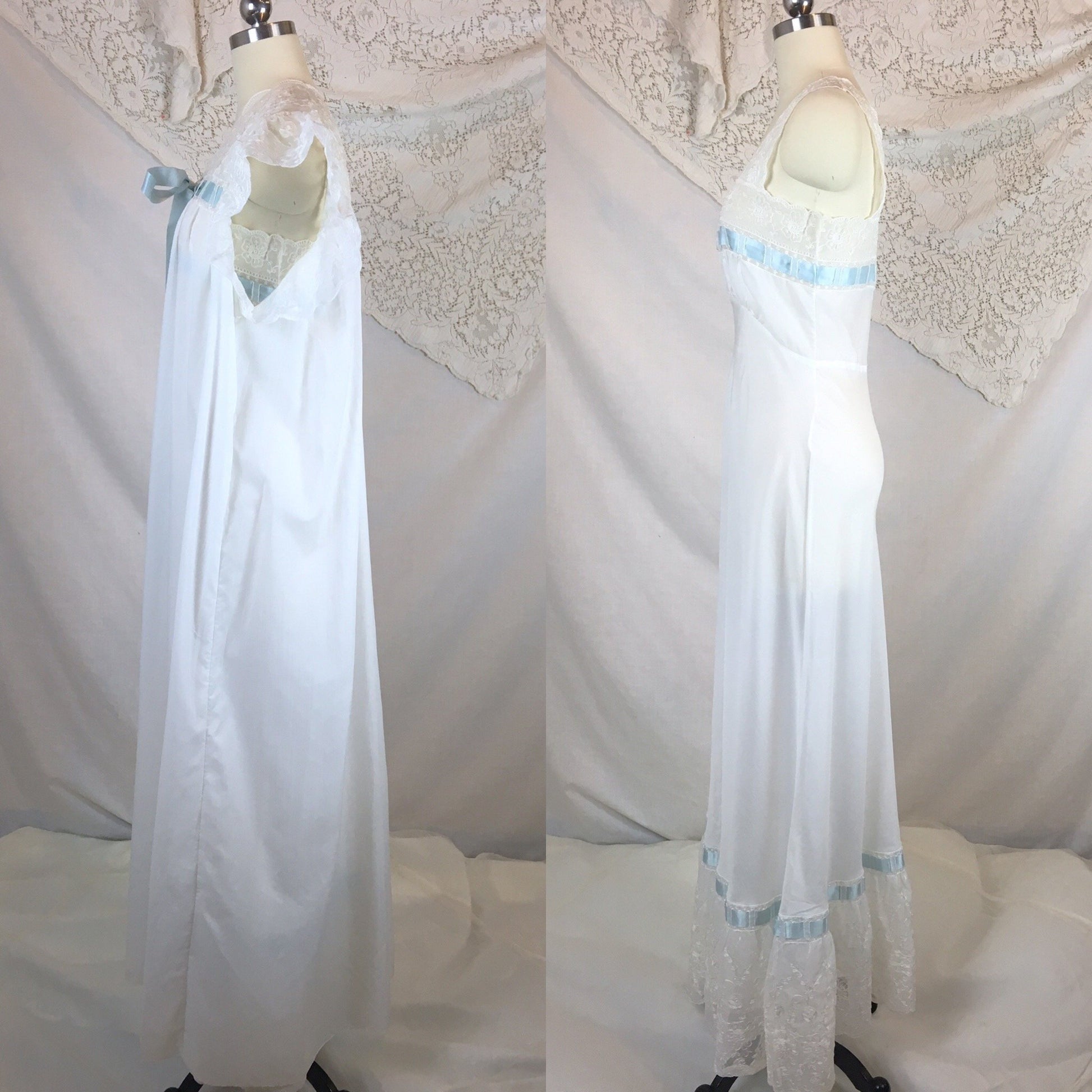 Vintage 1950's Peignoir Set | White Crisp Nylon with Sheer Embroidered Chiffon & Blue Ribbon | Chevette | Size S - Daggers & Dames