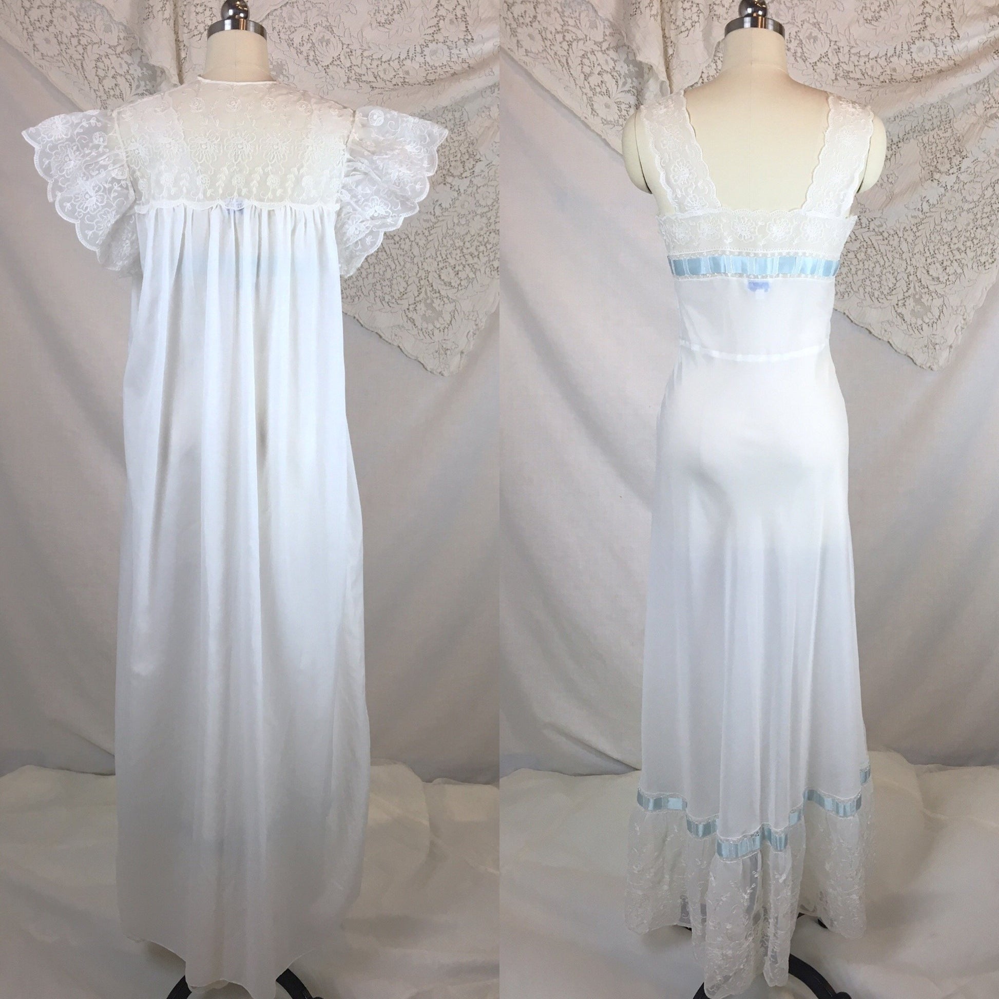 Vintage 1950's Peignoir Set | White Crisp Nylon with Sheer Embroidered Chiffon & Blue Ribbon | Chevette | Size S - Daggers & Dames
