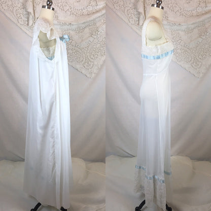 Vintage 1950's Peignoir Set | White Crisp Nylon with Sheer Embroidered Chiffon & Blue Ribbon | Chevette | Size S - Daggers & Dames