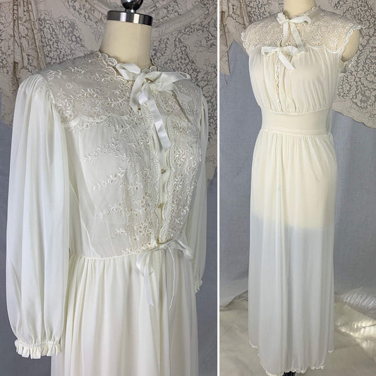 Vintage 1950's Peignoir Set | White Nylon with Floral Eyelet Embroidered Chiffon | Size S | Radcliffe - Daggers & Dames