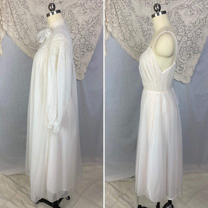 Vintage 1950's Peignoir Set | Winter White Nylon Chiffon with Honeycomb Smocking & Rhinestone Buttons | Size XS | Vanity Fair - Daggers & Dames
