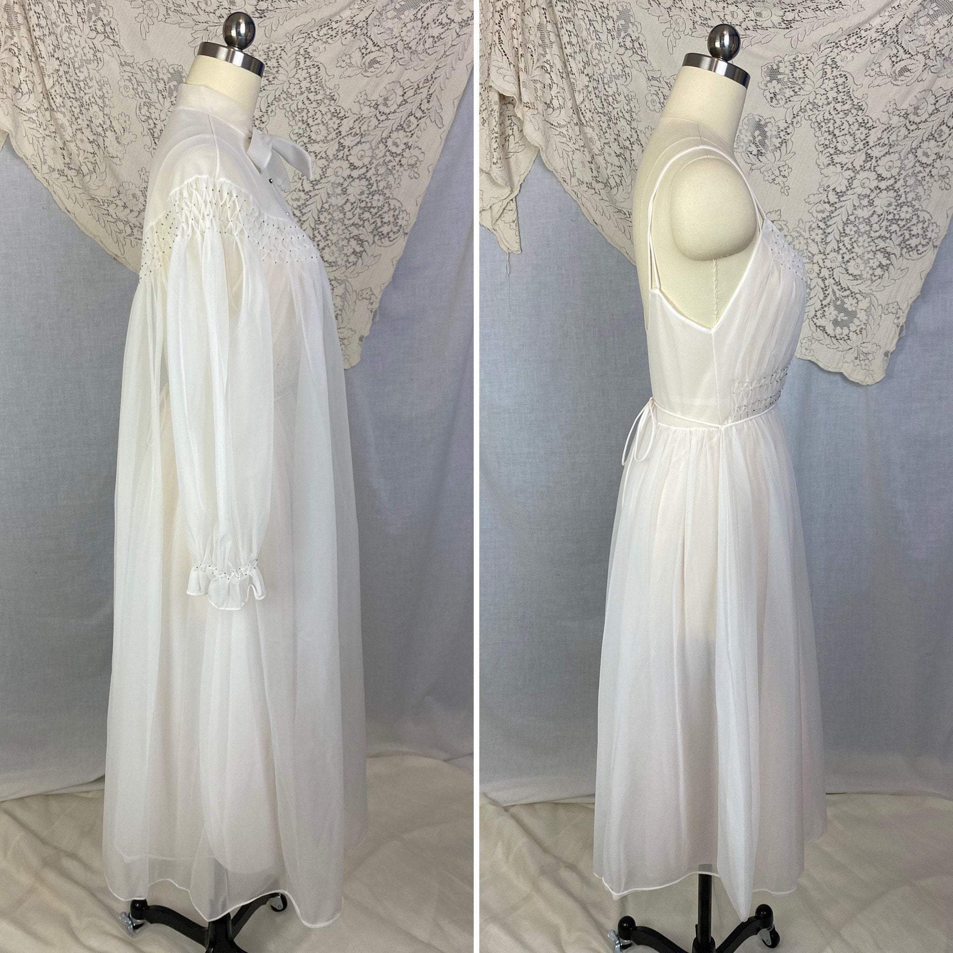Vintage 1950's Peignoir Set | Winter White Nylon Chiffon with Honeycomb Smocking & Rhinestone Buttons | Size XS | Vanity Fair - Daggers & Dames