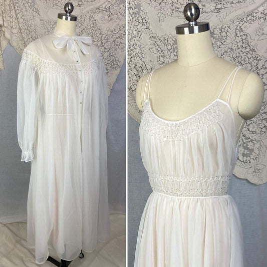 Vintage 1950's Peignoir Set | Winter White Nylon Chiffon with Honeycomb Smocking & Rhinestone Buttons | Size XS | Vanity Fair - Daggers & Dames