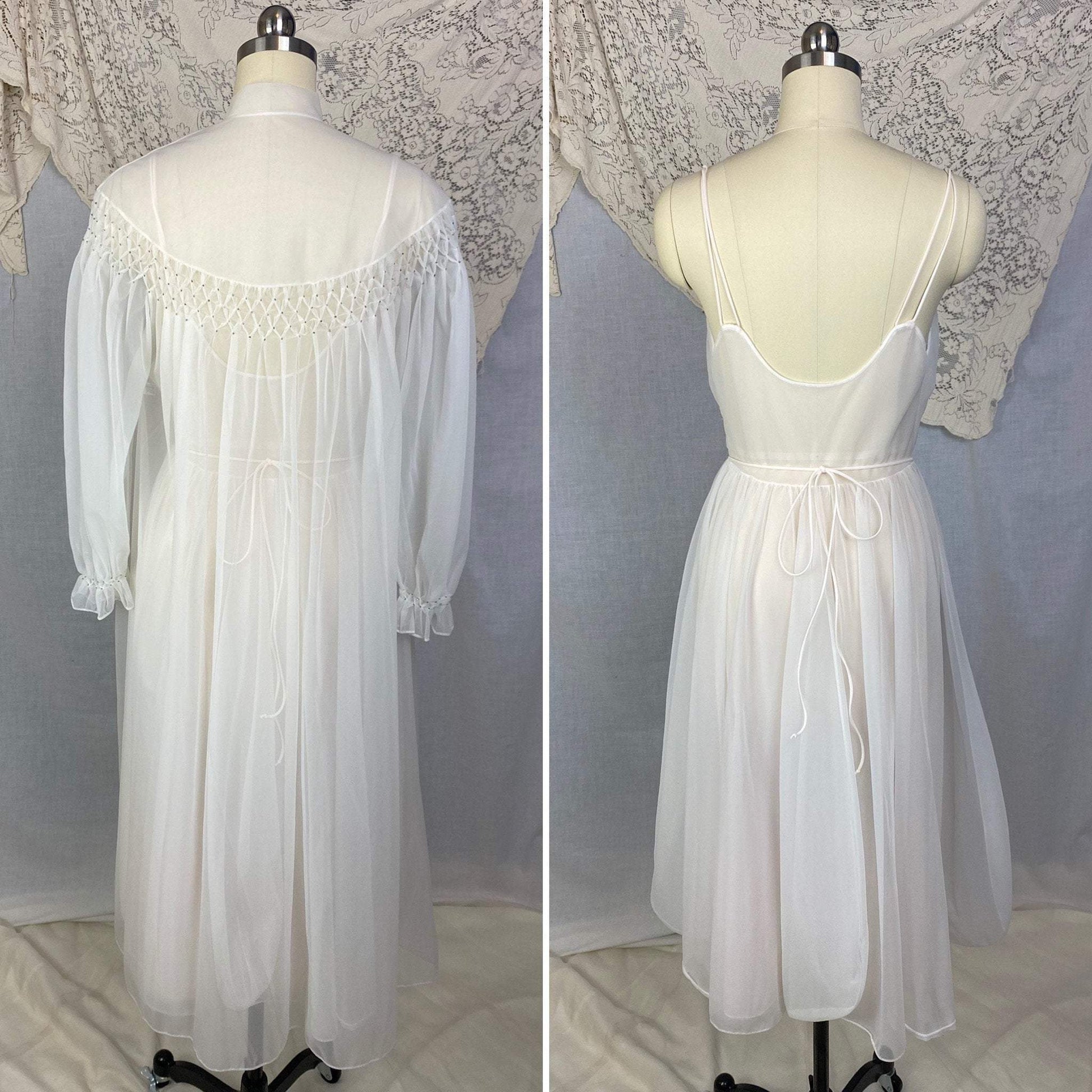 Vintage 1950's Peignoir Set | Winter White Nylon Chiffon with Honeycomb Smocking & Rhinestone Buttons | Size XS | Vanity Fair - Daggers & Dames