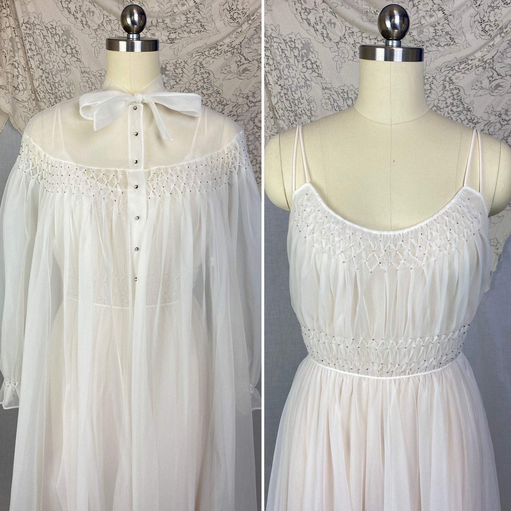 Vintage 1950's Peignoir Set | Winter White Nylon Chiffon with Honeycomb Smocking & Rhinestone Buttons | Size XS | Vanity Fair - Daggers & Dames