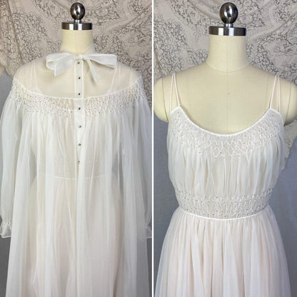 Vintage 1950's Peignoir Set | Winter White Nylon Chiffon with Honeycomb Smocking & Rhinestone Buttons | Size XS | Vanity Fair - Daggers & Dames