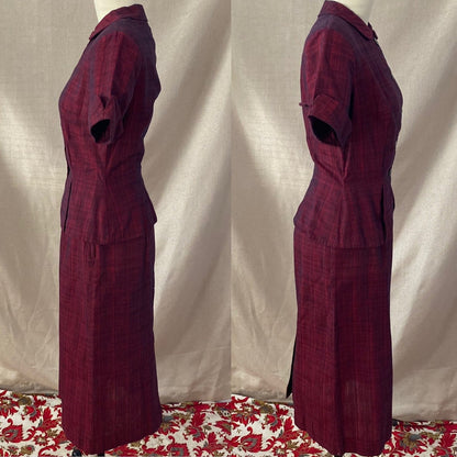 Vintage 1950's Pencil Skirt Suit | Ruby Red & Black Plaid Cotton | Size XS | Jolyn Juniors - Daggers & Dames