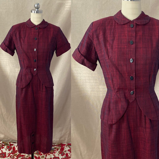 Vintage 1950's Pencil Skirt Suit | Ruby Red & Black Plaid Cotton | Size XS | Jolyn Juniors - Daggers & Dames