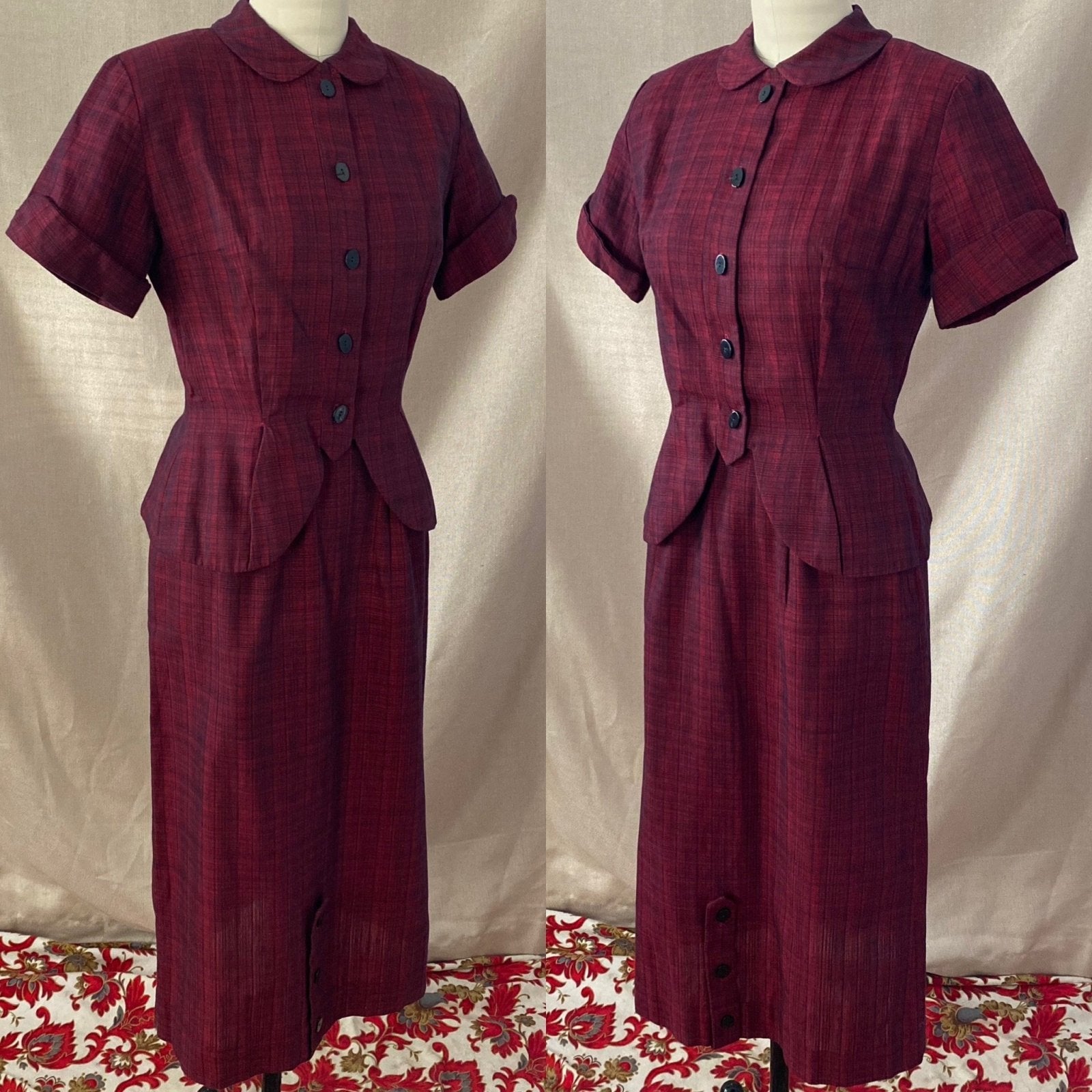 Vintage 1950's Pencil Skirt Suit | Ruby Red & Black Plaid Cotton | Size XS | Jolyn Juniors - Daggers & Dames