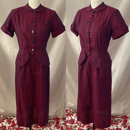 Vintage 1950's Pencil Skirt Suit | Ruby Red & Black Plaid Cotton | Size XS | Jolyn Juniors - Daggers & Dames
