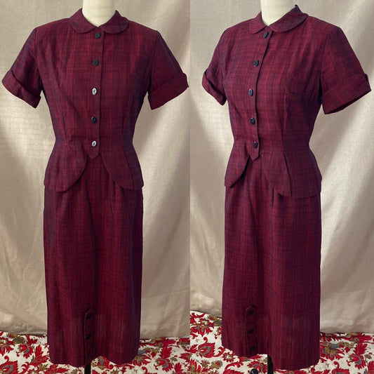 Vintage 1950's Pencil Skirt Suit | Ruby Red & Black Plaid Cotton | Size XS | Jolyn Juniors - Daggers & Dames