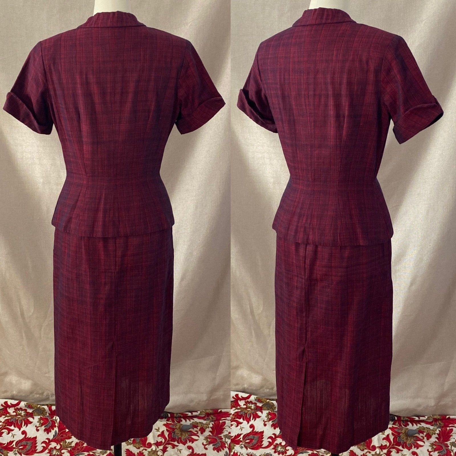 Vintage 1950's Pencil Skirt Suit | Ruby Red & Black Plaid Cotton | Size XS | Jolyn Juniors - Daggers & Dames