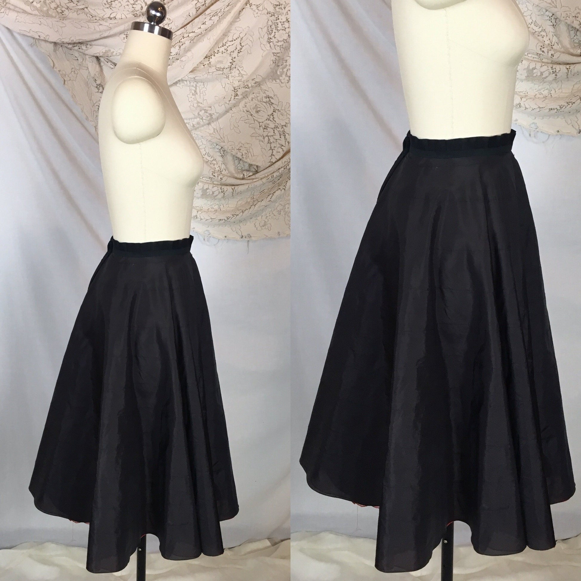 Vintage 1950's Petticoat | Black Nylon with Tiered Red Ruffled Padding | Miss X, Saramae | Size MED - Daggers & Dames