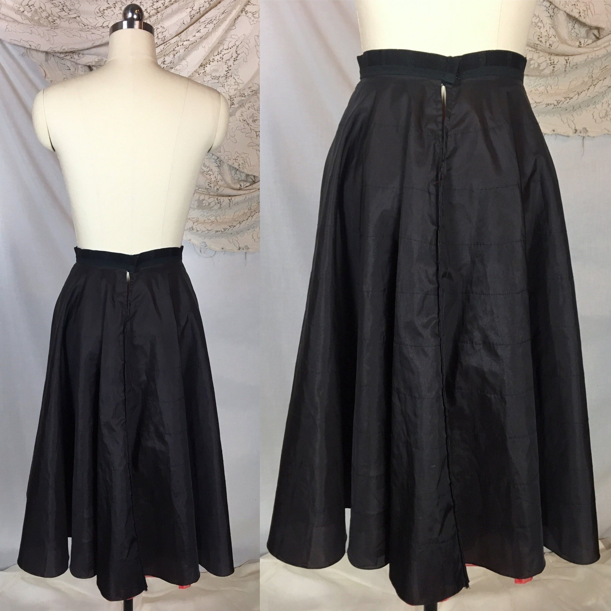 Vintage 1950's Petticoat | Black Nylon with Tiered Red Ruffled Padding | Miss X, Saramae | Size MED - Daggers & Dames