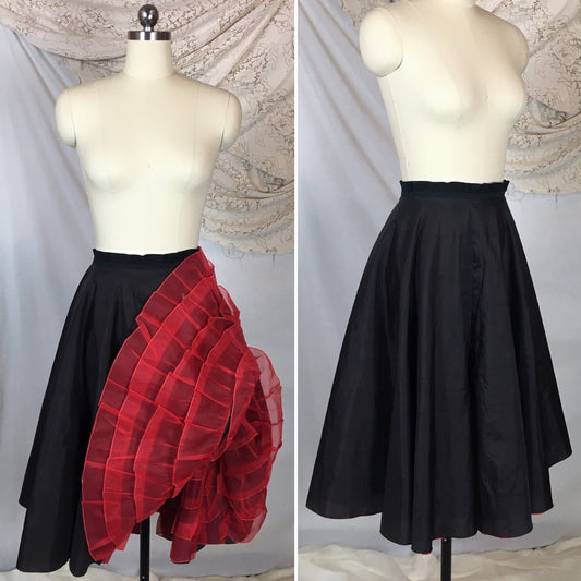 Vintage 1950's Petticoat | Black Nylon with Tiered Red Ruffled Padding | Miss X, Saramae | Size MED - Daggers & Dames
