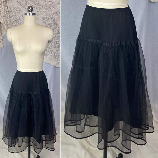 Vintage 1950's Petticoat | Black Nylon with Tulle & Satin Ribbon | Size XS, S, M | American Maid - Daggers & Dames