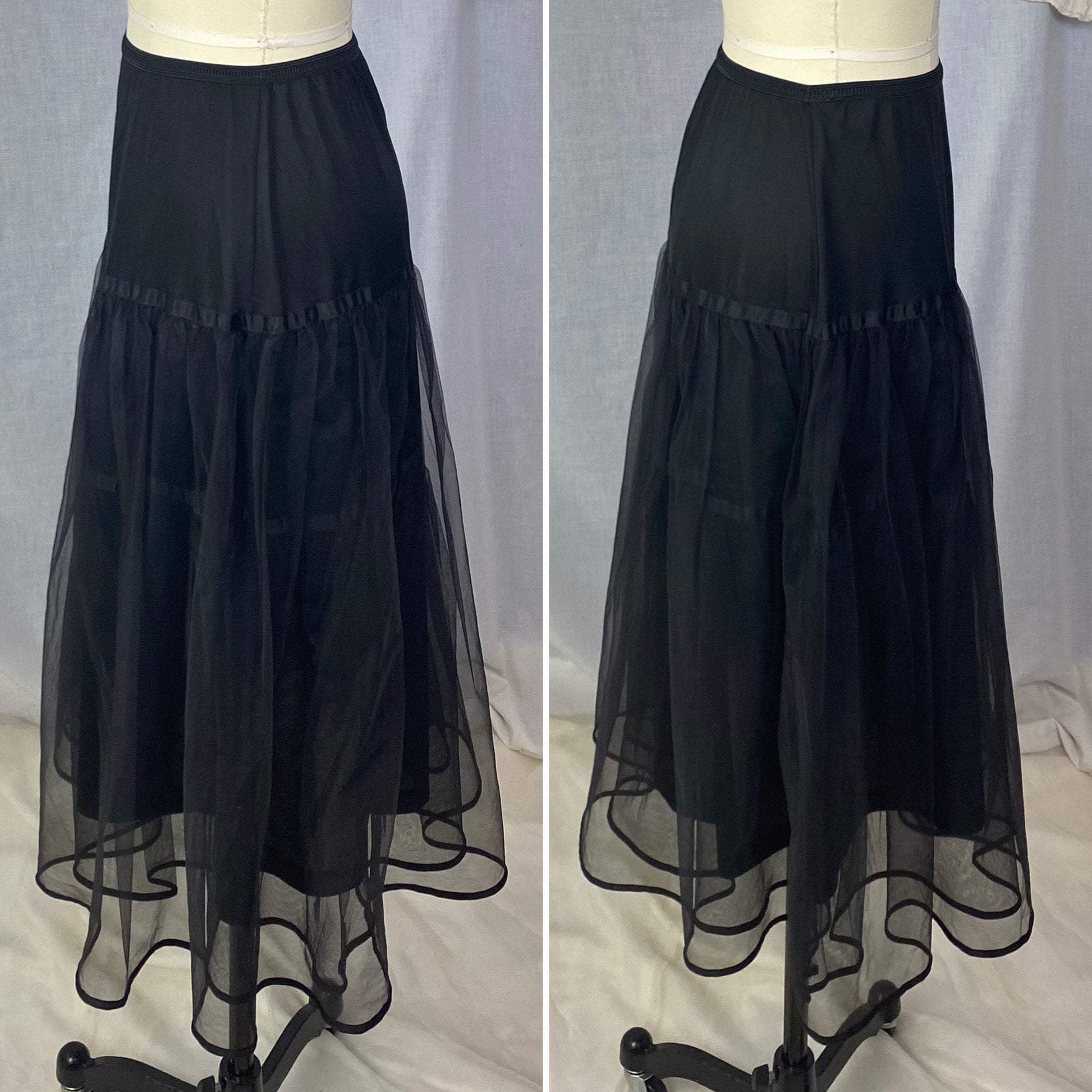 Vintage 1950's Petticoat | Black Nylon with Tulle & Satin Ribbon | Size XS, S, M | American Maid - Daggers & Dames