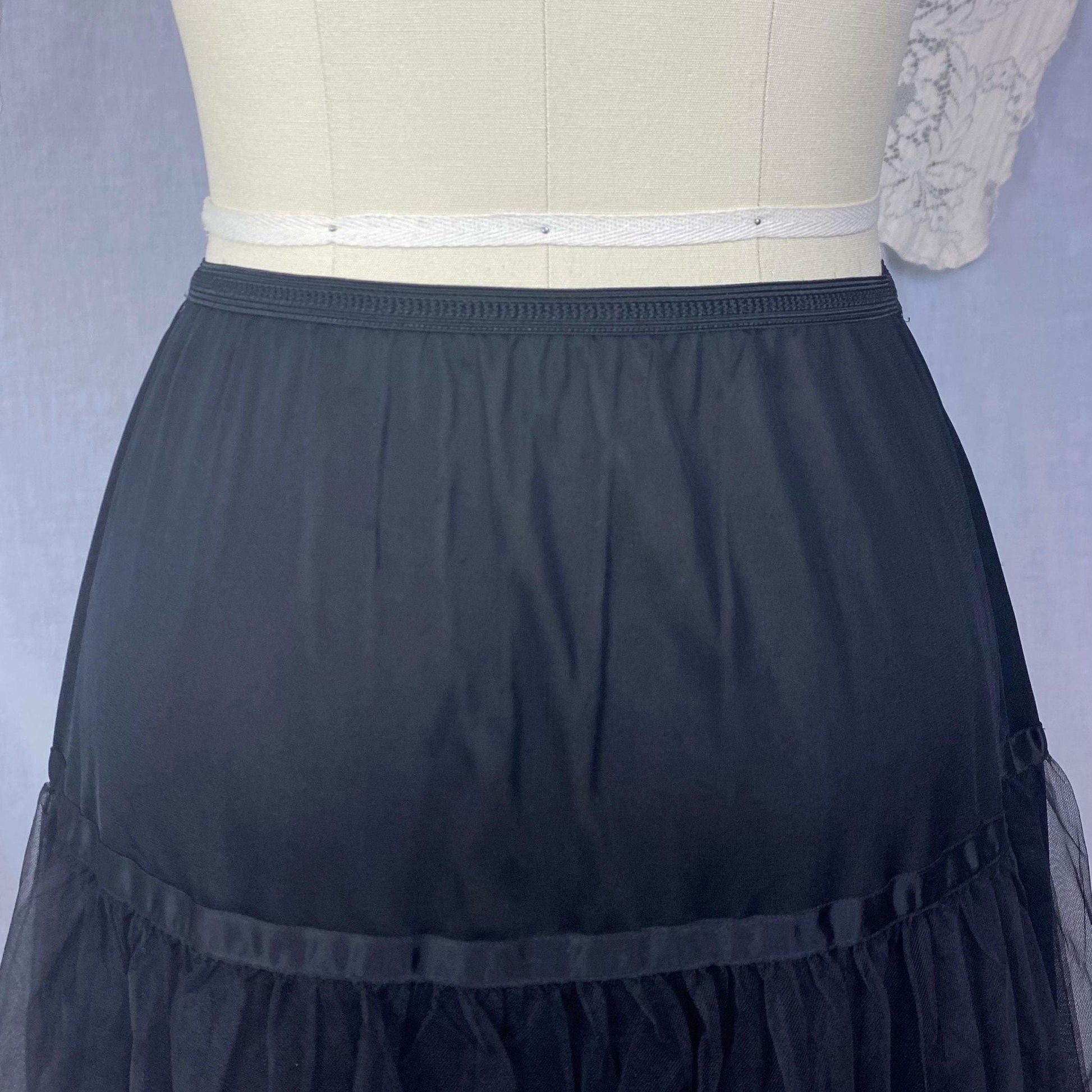 Vintage 1950's Petticoat | Black Nylon with Tulle & Satin Ribbon | Size XS, S, M | American Maid - Daggers & Dames